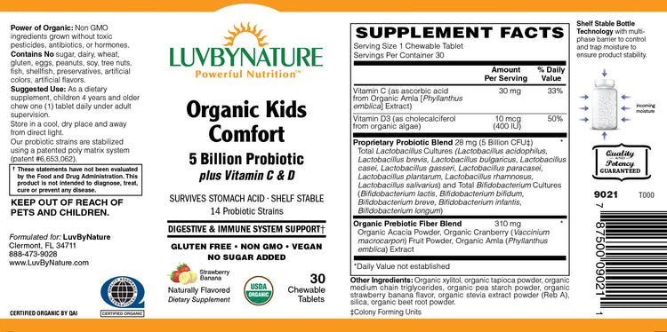 Organic Kids Comfort 5 Billion Probiotic - Strawberry Banana - LuvByNature